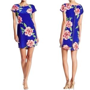 YUMI KIM Elana Blue Floral Silk Dress | Short Sleeve Mini Wedding Guest Medium